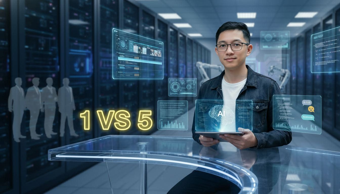 Lê Xuân Thành cầm máy tính bảng giữa phòng máy chủ, xung quanh là các màn hình dữ liệu và AI